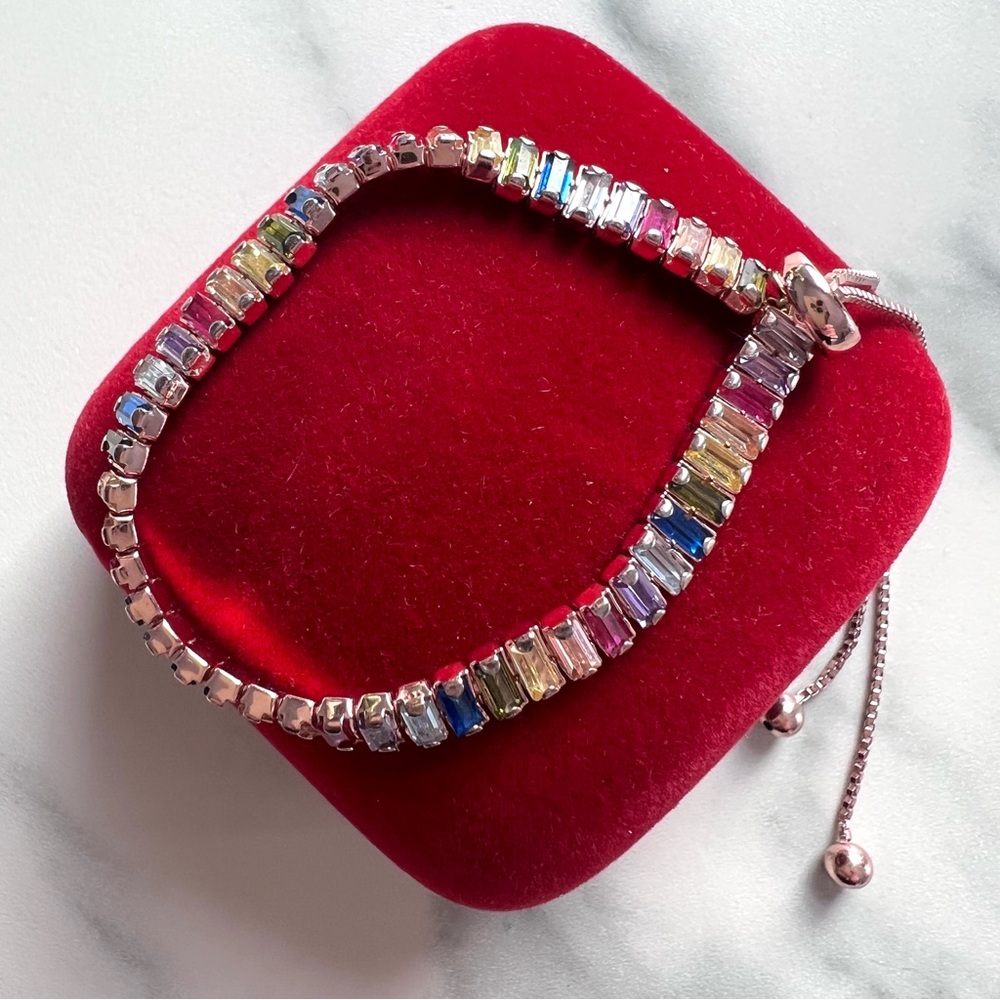 Beautiful Baguette Cut Multicolour CZ w/ Rose Gold over .925 Sterling Bracelet